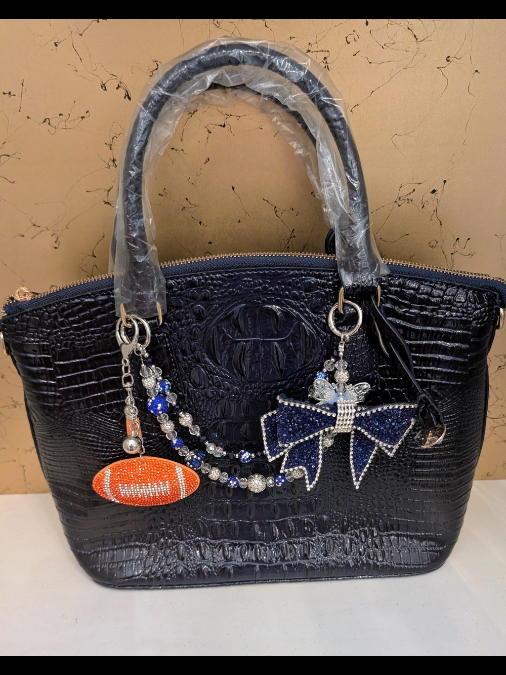 Navy Croc-Embossed Tote Bag with Crystal Bow Charm
